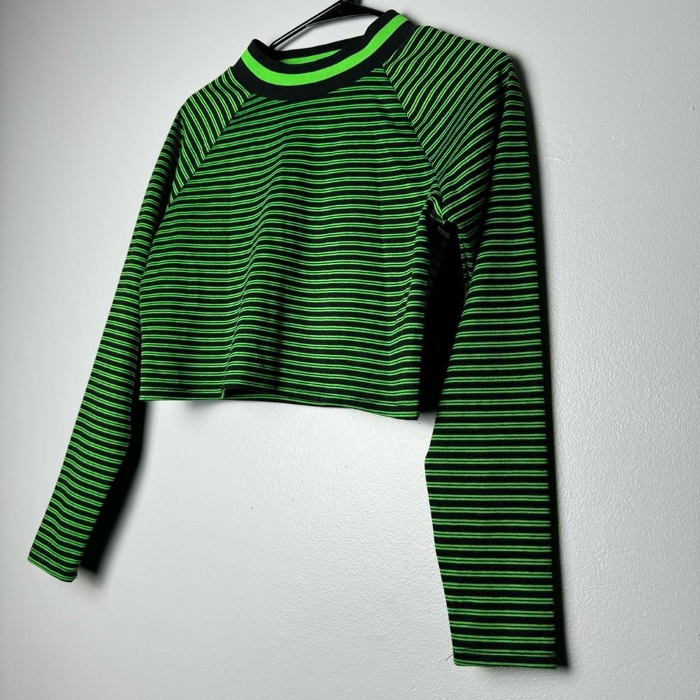 Striped Green and Black Long Sleeve Crop Top